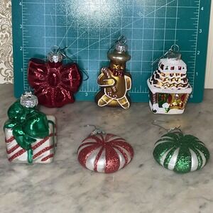 6 Radko Celebrations Hand Blown Ornaments Bow‎ Candy Gift Basket